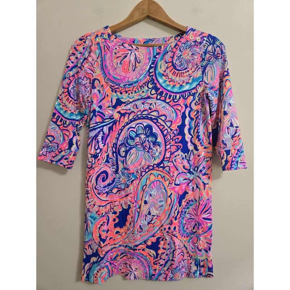Lilly Pulitzer Paisley Boat Neck Shift Dress Pink Blue 3/4 Sleeve XL 12-14 26519